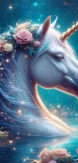 Majestic unicorn with floral wreath in mystical blue dreamscape.