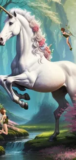 Majestic unicorn with fairies in a mystical forest wallpaper.