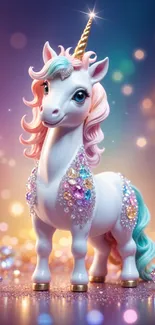 A glamorous unicorn with sparkling gems and a rainbow mane in a fantasy setting.