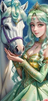 Magical princess with unicorn in a fantasy art scene, dressed in green with roses.