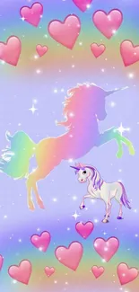 Mobile wallpaper with unicorn silhouette and rainbow hearts