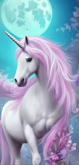 Majestic unicorn under a glowing moon with lavender hues, perfect for mobile wallpaper.