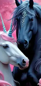 Two enchanting unicorns with a pink backdrop.