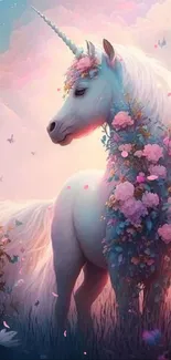 Whimsical unicorn with flowers and pastel sky.