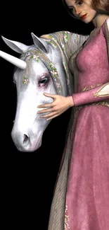 Woman in medieval dress with unicorn on dark background.