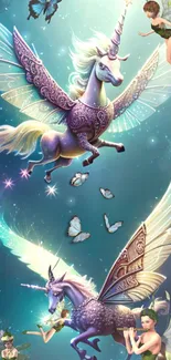 Fantasy wallpaper with unicorns, fairies, and butterflies, featuring a magical theme.