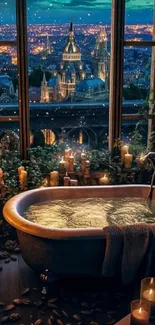 Enchanted bath with city view and candlelit ambiance at night.