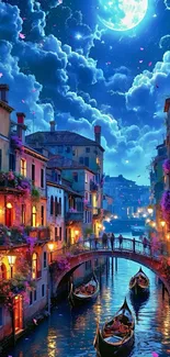 Venetian night scene with gondolas and a moonlit sky.