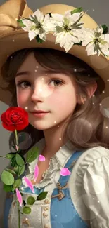 Portrait of a young girl with a floral hat holding a rose.