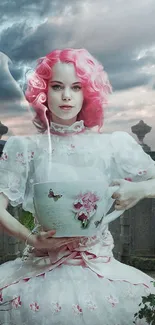 Fantasy art of woman with pink hair holding large teacup, set in cloudy background.