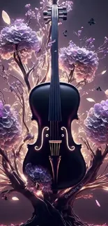 Enchanting violin surrounded by purple fantasy flowers.