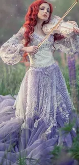 Violinist in a lavender dress surrounded by nature, playing passionately.