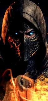 Hooded warrior with blue eyes and fiery accents in dramatic artwork wallpaper.