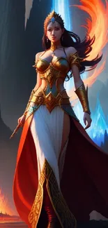 Fantasy warrior woman in golden armor with fiery backdrop.