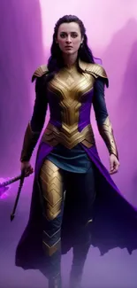 Fantasy warrior in purple armor with glowing weapon, set in magical scenery.