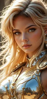 Warrior princess with golden armor in a mystical setting.