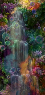 Vibrant waterfall with lush foliage and purple flowers, enchanting mobile wallpaper.