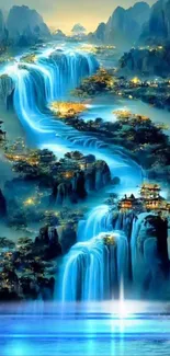 Fantasy waterfall artwork with vibrant blue hues creating a serene landscape.