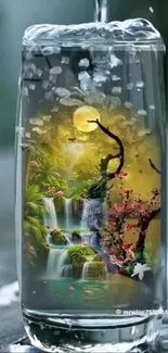 Artistic nature scene inside a glass with a waterfall and full moon.