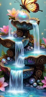 Fantasy waterfall with flowers and butterfly