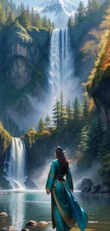 Fantasy landscape with waterfalls and a robed figure in a lush forest setting.