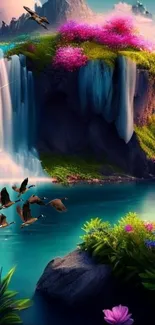 Fantasy waterfall with flowers and birds in a serene setting.