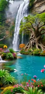 Stunning waterfall and vibrant garden in tranquil landscape