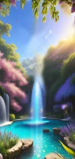 Serene waterfall with vibrant flora oasis.