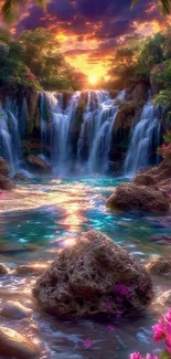 Beautiful waterfall and vibrant floral landscape at sunset.