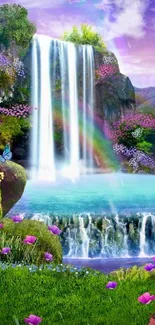 Enchanting waterfall and lush greenery with vibrant flowers.