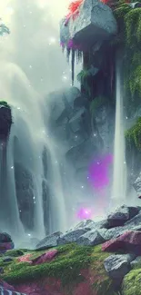 Mystical waterfall with lush greenery and vibrant floral accents.