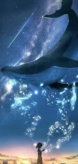 Magical whale soaring in twilight with musical notes and stars.