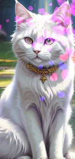 White cat with gold collar in cherry blossom garden.