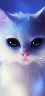 Enchanting white cat with dark eyes on starry blue background wallpaper.