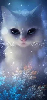 Mystical white cat with blue background mobile wallpaper.