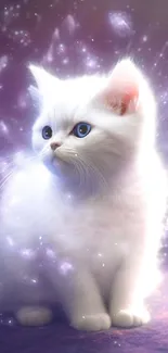 A mystical white kitten surrounded by glowing purple sparkles on a phone wallpaper.