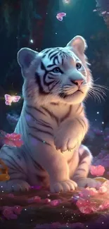 Whimsical white tiger cub with butterflies in a magical forest wallpaper.