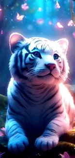 White tiger in a fantasy setting with pink flowers and glowing butterflies.