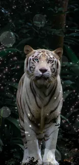 White tiger with sparkles in a dense green forest.