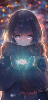 Anime character holding glowing snowflake in winter scene with colorful lights.