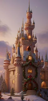 Enchanting castle with festive winter decor and snowy surroundings.