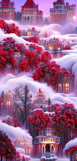 Magical winter castle with red foliage and snow-covered landscape.