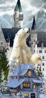 Winter castle with polar bears and snow-covered trees.