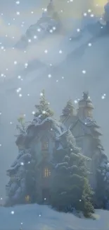 Winter castle with snow-laden trees and falling snowflakes in a mystical setting.