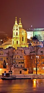 Enchanting winter cityscape with glowing lights and snow.