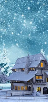 Enchanting snow-covered cottage with starry sky in a serene winter scene.