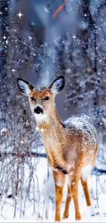 Majestic deer in a snowy winter forest with falling snowflakes.