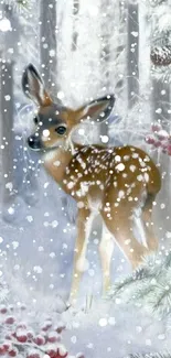 Young deer in snowy forest with berries and pinecones.