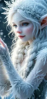 Fantasy snow elf with braided hair in a winter scene.