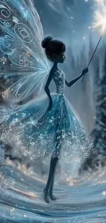 A magical fairy in a snowy winter forest holding a glowing wand.